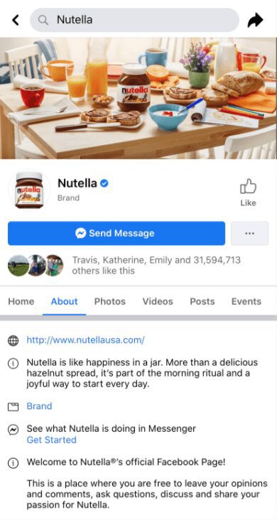 Screenshot of Nutella's social media bio on Facebook.