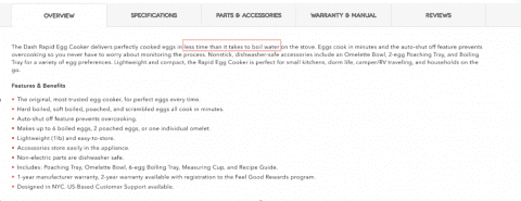 This Rapid Egg Cooker page uses descriptive language to highlight benefits.