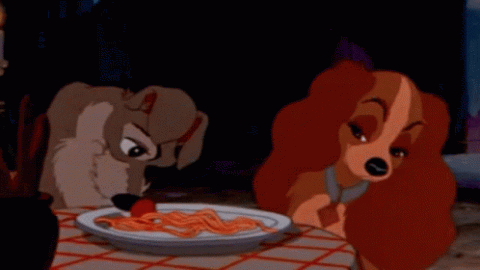Lady and the Tramp spaghetti scene emulates social sharing. 