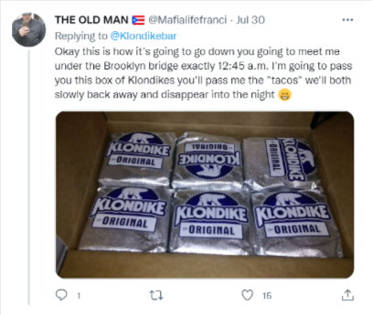 Vaguely threatening Twitter post featuring a picture of some Klondikes and the promise of an exchange at 12:45 in the morning.