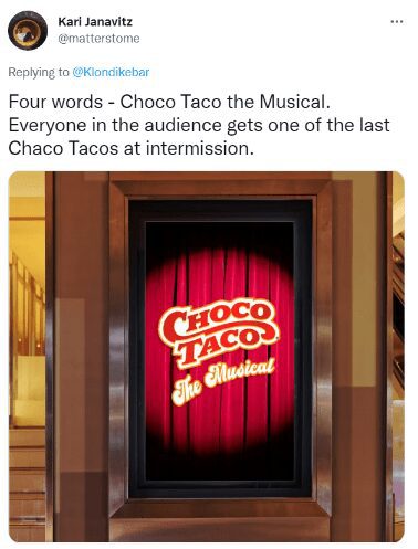 Twitter post featuring a picture of a red curtain with the words "Choco Taco the Musical" in bold letters.