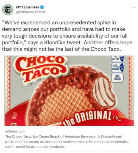 Twitter Post featuring a Choco Taco and quote from Klondike addressing the decision to pull the desert from shelves
