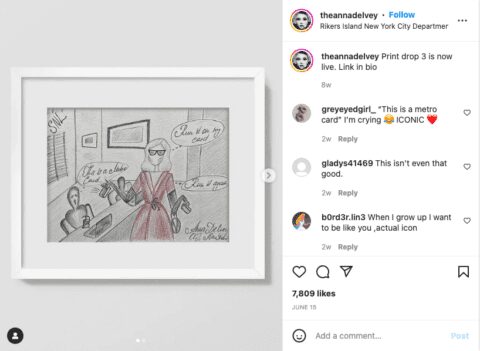 Instagram post featuring original Anna Delvey artwork.