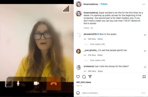 Instagram post featuring Anna Delvey addressing her fans.
