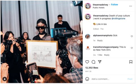 Anna Delvey Instagram post featuring original artwork behind held by a woman in sunglasses