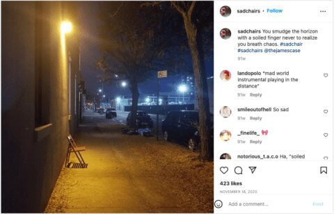 Instagram Post featuring a sad, lonely chair on a dark sidewalk