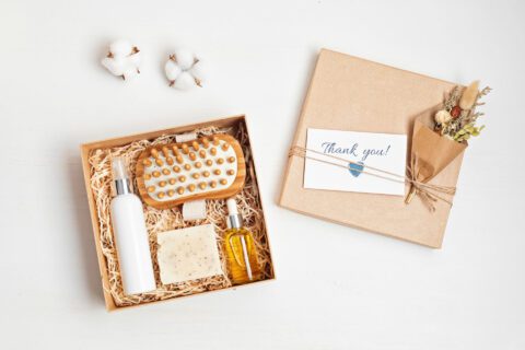 Soap and other self-care products neatly packaged with a thank you card