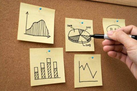 Sticky notes convey social media marketing graphs and stats as a concept image. 