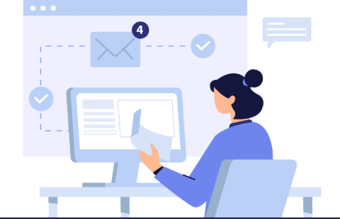 Graphic of a woman sitting at a computer sending emails