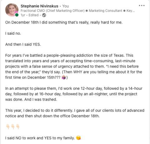 A screenshot of Stephanie’s most popular LinkedIn post of 2022