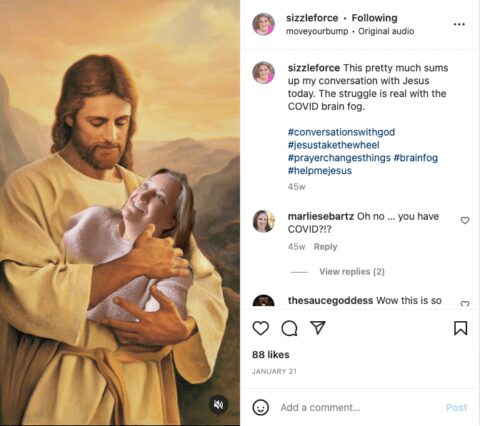 A screenshot of an Instagram reel featuring Stephanie, CEO of SizzleForce Marketing, being cradled in Jesus’ arms.