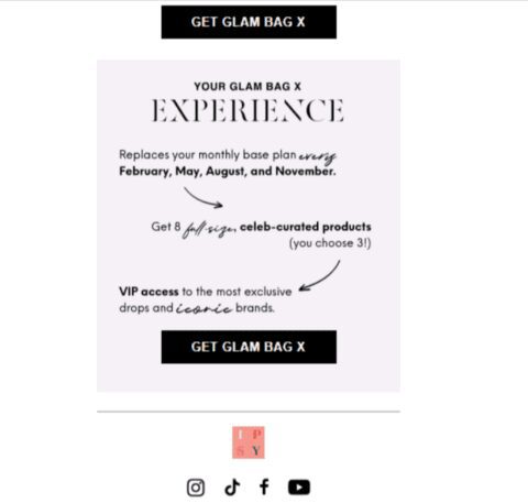 A screenshot of an IPSY email marketing ad for the GlamBag X