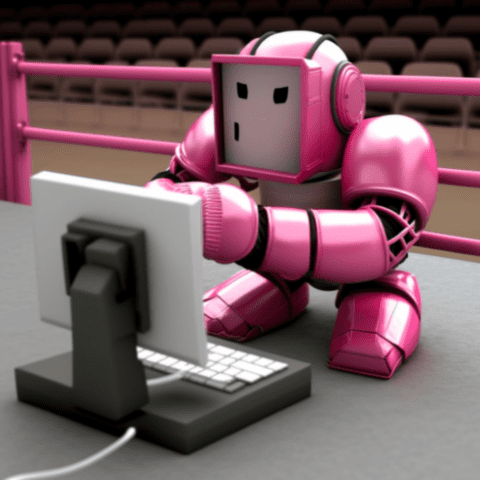 midjourney cute robot sitting at a computer writing, the desk is inside of a boxing ring, boxing ring, computer, robot, pink, animated