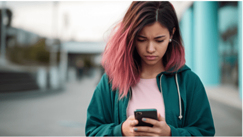 young woman, Gen Z consumer, looking at a poorly optimized website