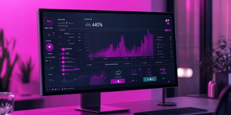 Image of neon computer screen with graphs and analytics to watch to measure thought leadership